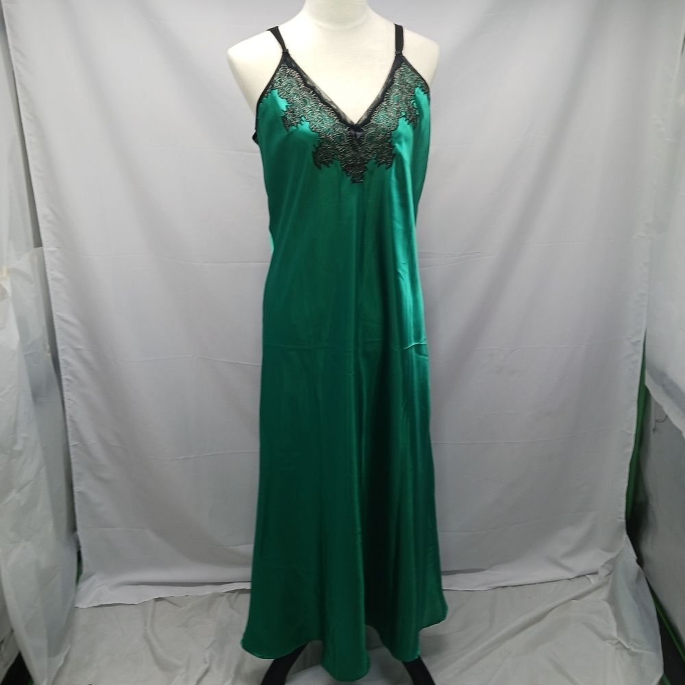 VNTG Oscar de la Renta Green Satin Slip Dress Plunging Neckline Woman 36 Chest.. - Picture 2 of 9